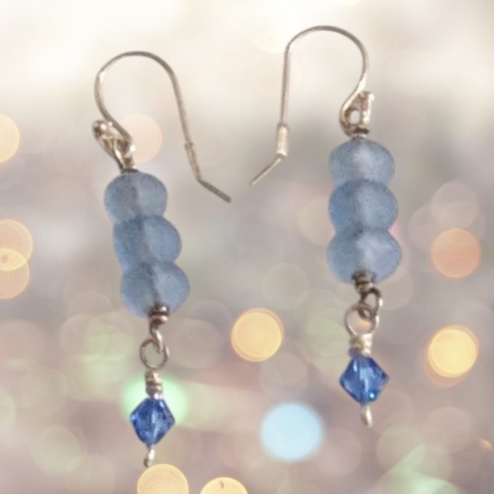 New Handmade Sterling Silver Swarovski Earrings, Faceted Matte Glass Pure Silver